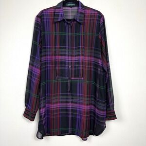 Polo Ralph Lauren Women Plaid Purple Green Black Blouse Size XL Lightweight‎
